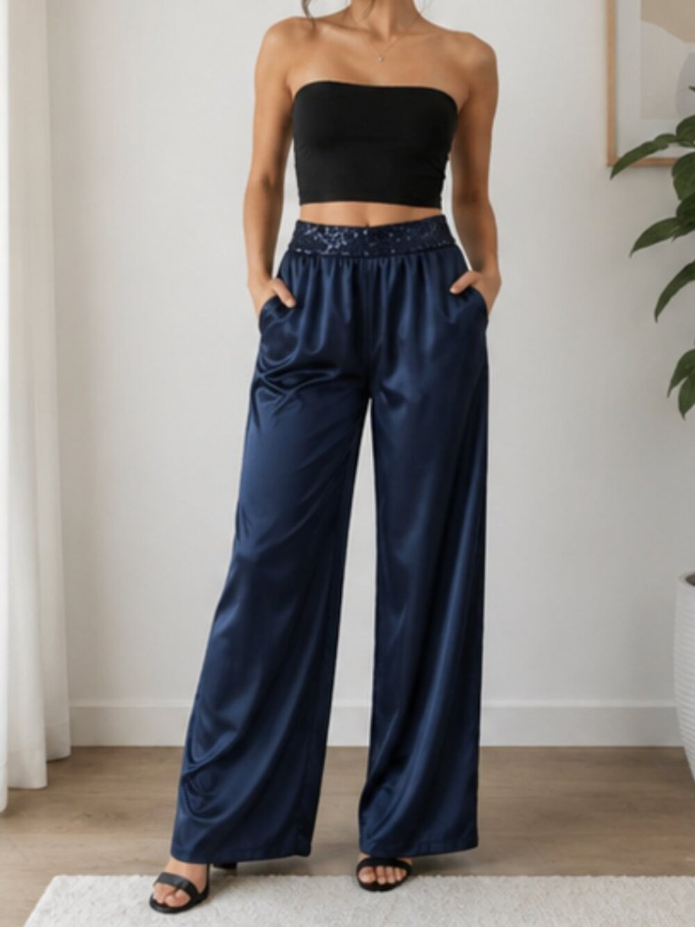 Navy Satin Wide Leg Pants Sequin Elastic Waist Dressy